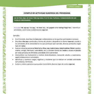 Actividad sugerida LC02 - Rapa Nui - U2 - N°28: Identifican actividades, ceremonias o celebraciones rapa nui.