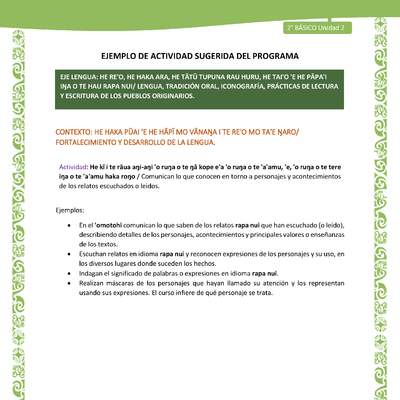 Actividad sugerida LC02 - Rapa Nui - U2 - N°11: Comunican lo que conocen en torno a personajes y acontecimientos de los relatos escuchados o leidos.