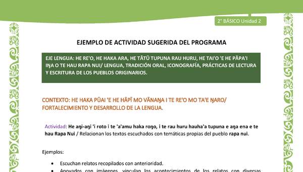 Actividad sugerida LC02 - Rapa Nui - U2 - N°20: Relacionan los textos escuchados con temáticas propias del pueblo rapa nui.