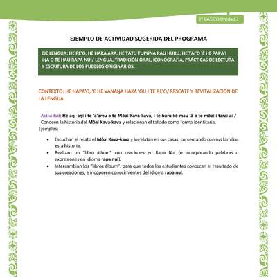 Actividad sugerida LC02 - Rapa Nui - U2 - N°09: Conocen la historia del Mōai Kava-kava y relacionan el tallado como forma identitaria.