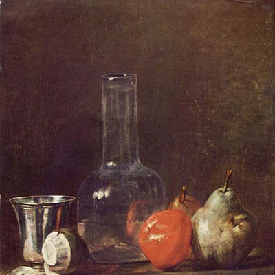 Naturaleza Muerta con Frasco de Vidrio y Fruta de Jean Baptiste Chardin