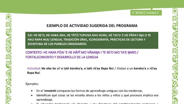 Actividad sugerida LC02 - Rapa Nui - U3 - N°07: Visitan a un korohu'a o rū'au Rapa Nui.