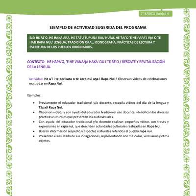 Actividad sugerida LC02 - Rapa Nui - U4 - N°06: Observan videos de celebraciones realizadas en Rapa Nui.