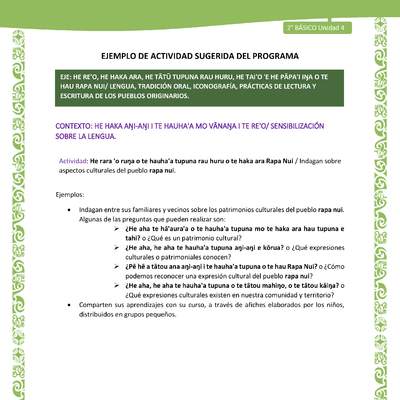 Actividad sugerida LC02 - Rapa Nui - U4 - N°02: Indagan sobre aspectos culturales del pueblo rapa nui.