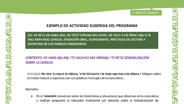 Actividad sugerida LC02 - Rapa Nui - U4 - N°01: Indagan sobre el medio natural y expresan con sus palabras mensajes de la naturaleza.