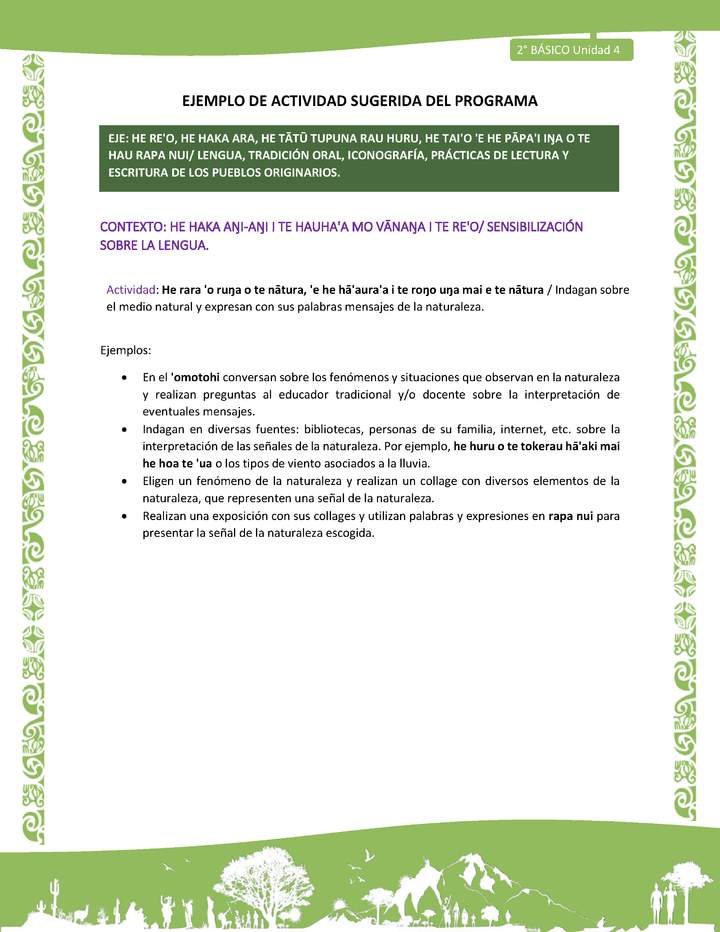 Actividad sugerida LC02 - Rapa Nui - U4 - N°01: Indagan sobre el medio natural y expresan con sus palabras mensajes de la naturaleza.