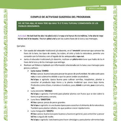 Actividad sugerida LC02 - Rapa Nui - U4 - N°11: Recitan pāta'u-ta'u con las cuatro fases de la luna y sus mensajes.