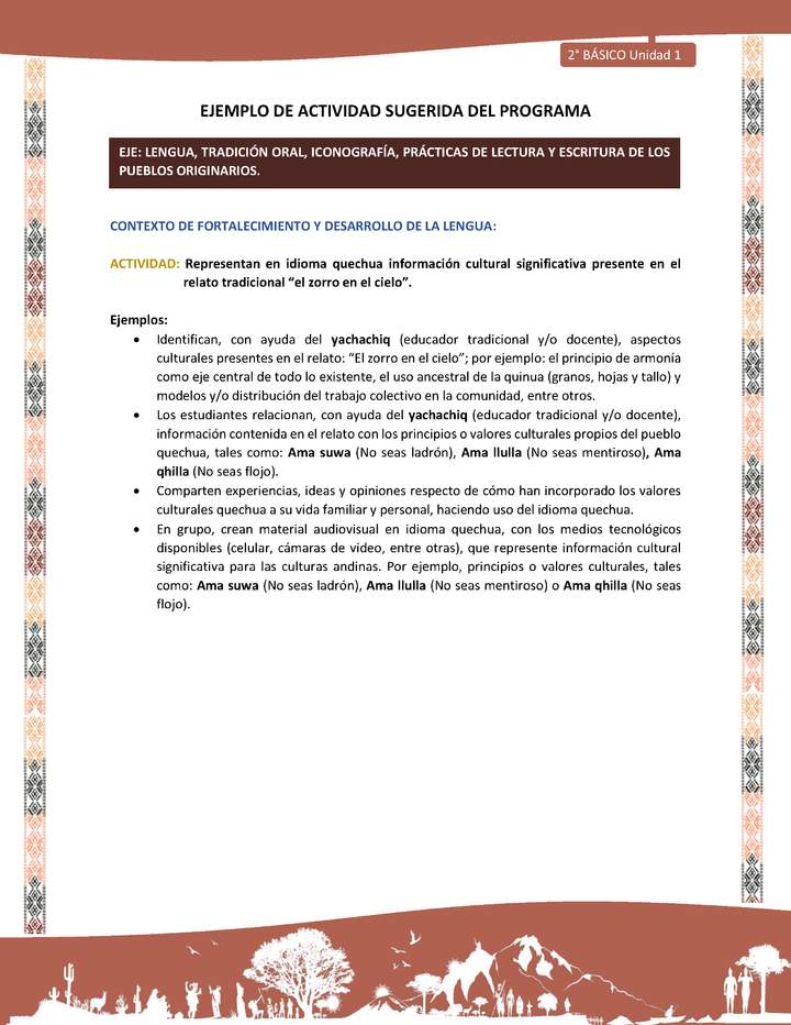 Actividad sugerida LC02 - Quechua - U1 - N°08: Representan en idioma quechua información cultural significativa presente en el relato tradicional “el zorro en el cielo”.