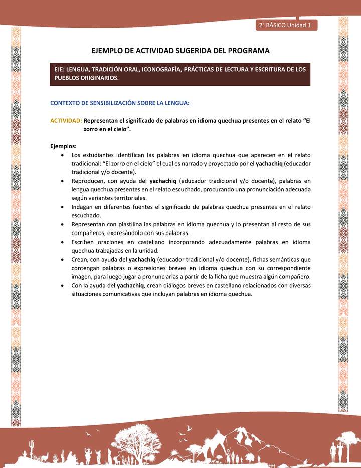 Actividad sugerida LC02 - Quechua - U1 - N°03: Representan el significado de palabras en idioma quechua presentes en el relato “El zorro en el cielo”.