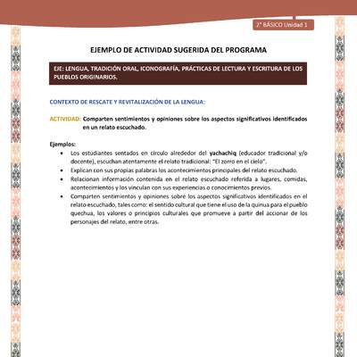 Actividad sugerida LC02 - Quechua - U1 - N°04: Comparten sentimientos y opiniones sobre los aspectos significativos identificados en un relato escuchado.