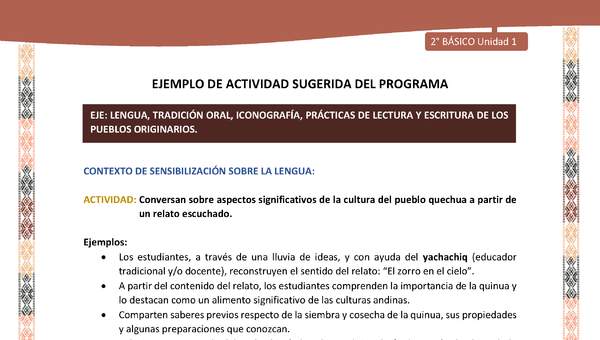 Actividad sugerida LC02 - Quechua - U1 - N°02: Conversan sobre aspectos significativos de la cultura del pueblo quechua a partir de un relato escuchado.