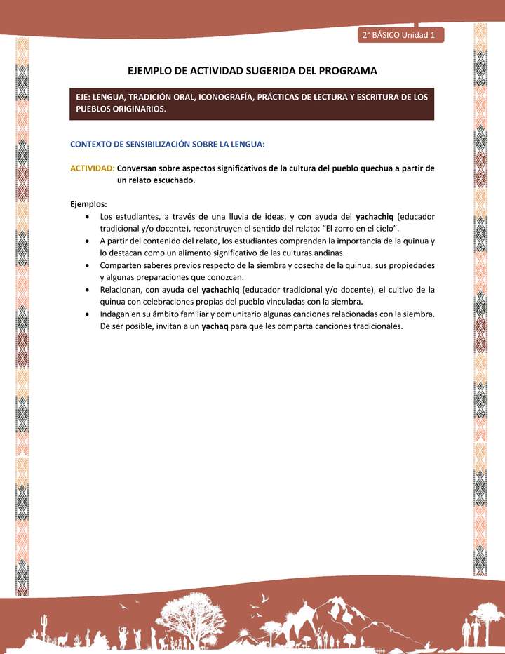 Actividad sugerida LC02 - Quechua - U1 - N°02: Conversan sobre aspectos significativos de la cultura del pueblo quechua a partir de un relato escuchado.