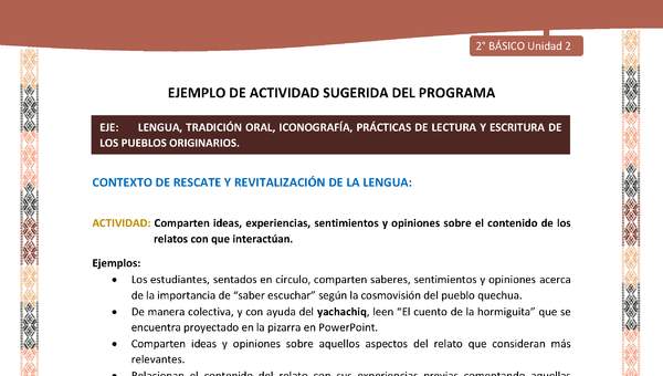 Actividad sugerida LC02 - Quechua - U2 - N°4: Comparten ideas, experiencias, sentimientos y opiniones sobre el contenido de los relatos con que interactúan.