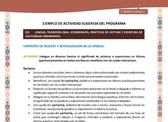 Actividad sugerida LC02 - Quechua - U2 - N°5: Indagan en diversas fuentes el significado de palabras o expresiones en idioma quechua presentes en textos escritos en castellano con los cuales interactúan.