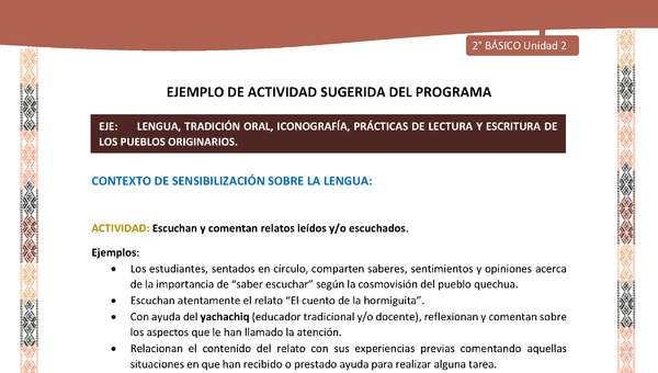 Actividad sugerida LC02 - Quechua - U2 - N°15: Escuchan y comentan relatos leídos y/o escuchados.