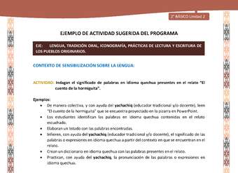 Actividad sugerida LC02 - Quechua - U2 - N°16: Indagan el significado de palabras en idioma quechua presentes en el relato “El cuento de la hormiguita”.