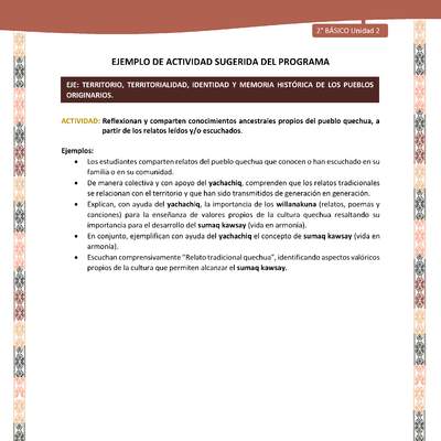 Actividad sugerida LC02 - Quechua - U2 - N°9: Reflexionan y comparten conocimientos ancestrales propios del pueblo quechua, a partir de los relatos leídos y/o escuchados.