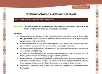 Actividad sugerida LC02 - Quechua - U2 - N°12: Describen el valor del sumaq kawsay como principio que invita a relacionarse de manera armónica con la familia, comunidad y naturaleza.