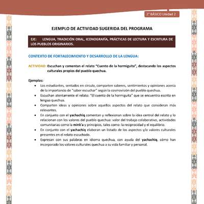 Actividad sugerida LC02 - Quechua - U2 - N°7: Escuchan y comentan el relato “Cuento de la hormiguita”, destacando los aspectos culturales propios del pueblo quechua.