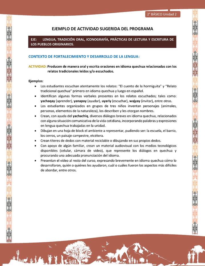 Actividad sugerida LC02 - Quechua - U2 - N°8: Producen de manera oral y escrita oraciones en idioma quechua relacionadas con los relatos tradicionales leídos y/o escuchados.