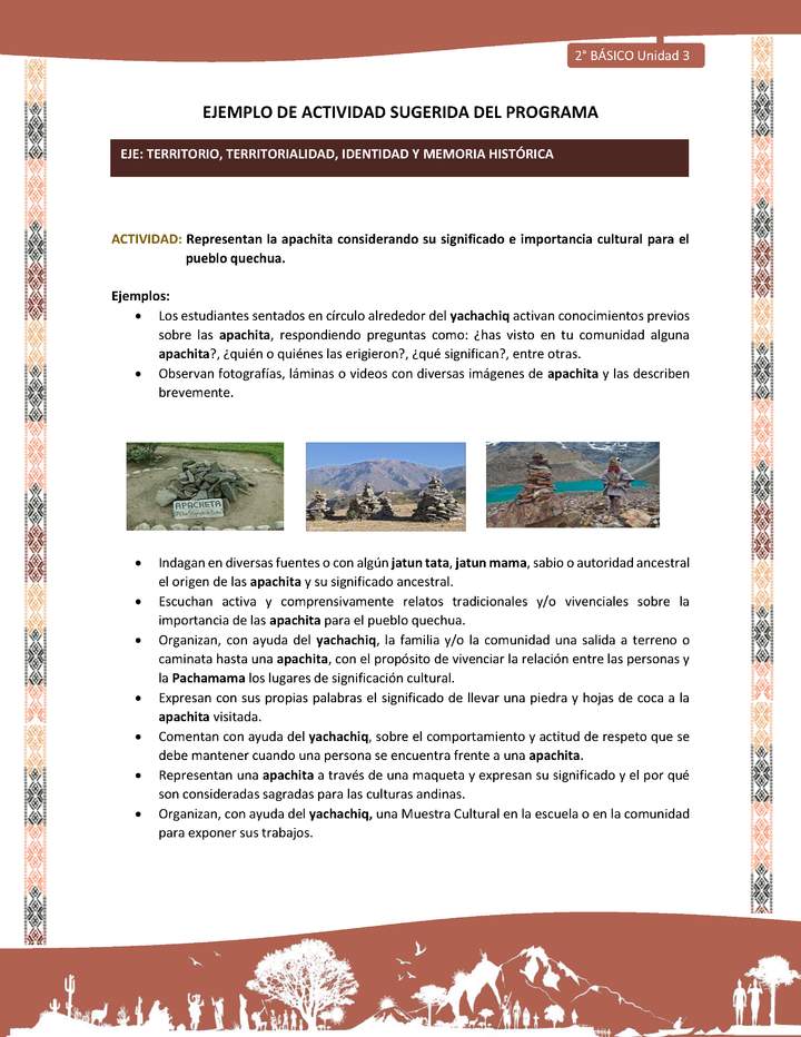 Actividad sugerida LC02 - Quechua - U3 - N°7: Representan la apachita considerando su significado e importancia cultural para el pueblo quechua.