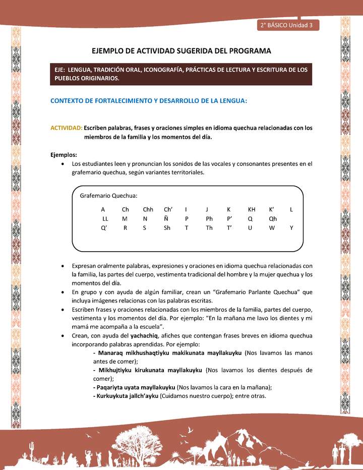 Actividad sugerida LC02 - Quechua - U3 - N°5: Escriben palabras, frases y oraciones simples en idioma quechua relacionadas con los miembros de la familia y los momentos del día.