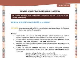 Actividad sugerida LC02 - Quechua - U3 - N°4: Comunican, a través de palabras y expresiones en idioma quechua, el significado de algunos valores culturales del pueblo.