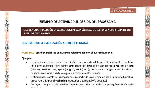 Actividad sugerida LC02 - Quechua - U3 - N°1: Escriben palabras en quechua relacionadas con el cuerpo humano.