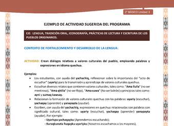 Actividad sugerida LC02 - Quechua - U3 - N°6: Crean diálogos relativos a valores culturales del pueblo, empleando palabras y expresiones en idioma quechua.