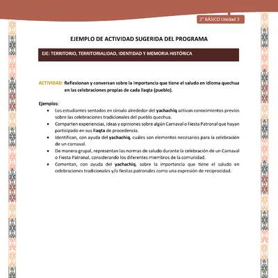 Actividad sugerida LC02 - Quechua - U3 - N°8: Reflexionan y conversan sobre la importancia que tiene el saludo en idioma quechua en las celebraciones propias de cada llaqta (pueblo).