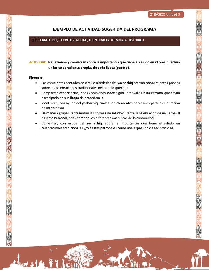 Actividad sugerida LC02 - Quechua - U3 - N°8: Reflexionan y conversan sobre la importancia que tiene el saludo en idioma quechua en las celebraciones propias de cada llaqta (pueblo).