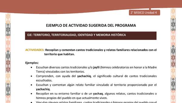 Actividad sugerida LC02 - Quechua - U4 - N°10: Recopilan y comentan cantos tradicionales y relatos familiares relacionados con el territorio que habitan.