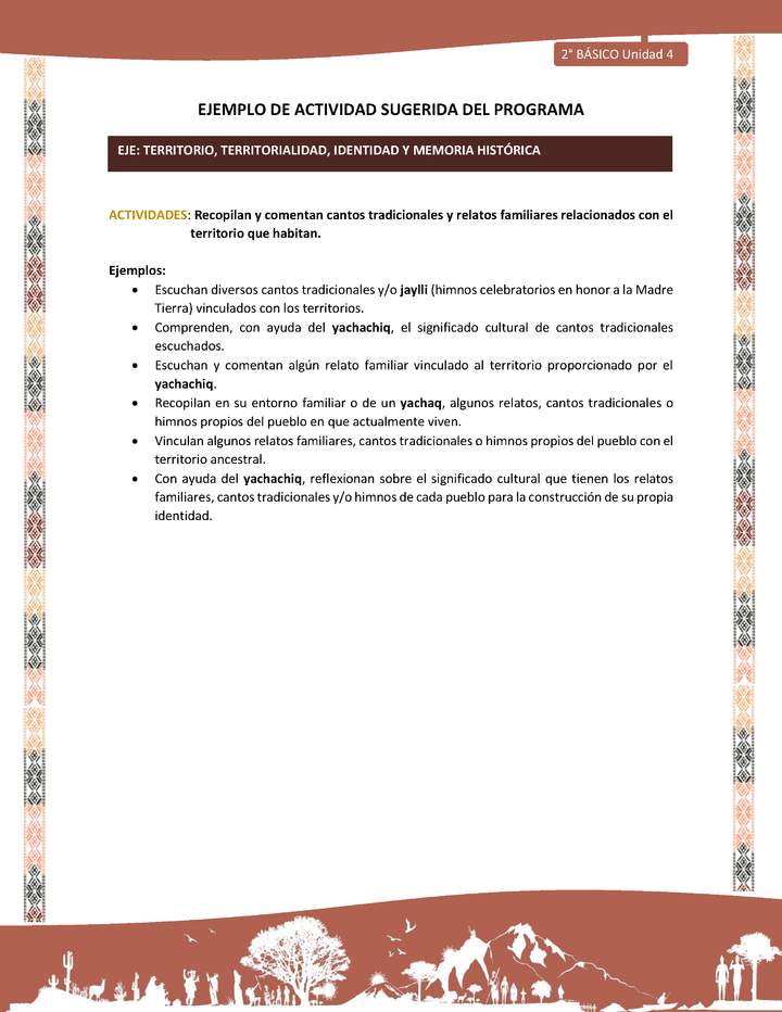 Actividad sugerida LC02 - Quechua - U4 - N°10: Recopilan y comentan cantos tradicionales y relatos familiares relacionados con el territorio que habitan.