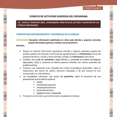 Actividad sugerida LC02 - Quechua - U4 - N°9: Recopilan información significativa en sitios web referida a aspectos culturales propios del pueblo quechua y realizan una presentación.