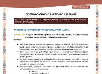 Actividad sugerida LC02 - Quechua - U4 - N°9: Recopilan información significativa en sitios web referida a aspectos culturales propios del pueblo quechua y realizan una presentación.