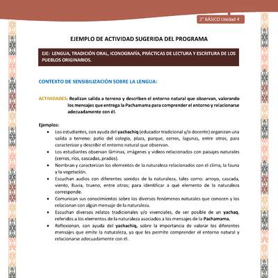 Actividad sugerida LC02 - Quechua - U4 - N°1: Realizan salida a terreno y describen el entorno natural que observan, valorando los mensajes que entrega la Pachamama para comprender el entorno y relacionarse adecuadamente con él.