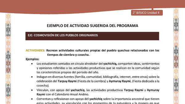 Actividad sugerida LC02 - Quechua - U4 - N°11:  Recrean actividades culturales propias del pueblo quechua relacionadas con los tiempos de siembra y cosecha.