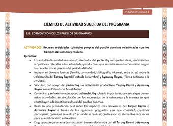 Actividad sugerida LC02 - Quechua - U4 - N°11:  Recrean actividades culturales propias del pueblo quechua relacionadas con los tiempos de siembra y cosecha.