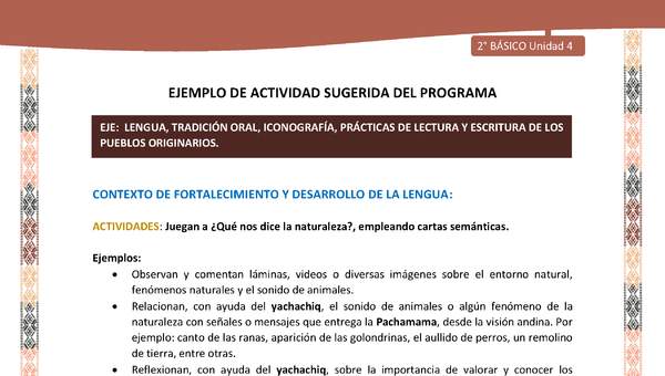 Actividad sugerida LC02 - Quechua - U4 - N°8: Juegan a ¿Qué nos dice la naturaleza?, empleando cartas semánticas.