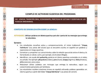 Actividad sugerida LC02 - Quechua - U4 - N°2:  Utilizan palabras en idioma quechua para dar cuenta de los mensajes que entrega la naturaleza.