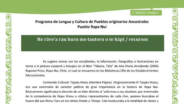 Orientaciones al docente - LC01-RAPANUI - U02 - He rāve’a rau huru mo tautoru o te hāpī