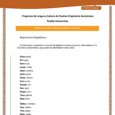 Orientaciones al docente - LC01 - Lickanantay - U1 - Repertorio lingüístico Orientaciones al docente - LC01 - Lickanantay - U1 - Repertorio lingüístico