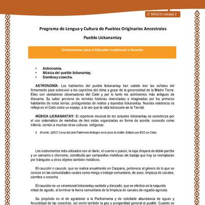 Orientaciones al docente - LC01 - Lickanantay - U2 - Astronomía, Música del pueblo lickanantay y Siembra y cosecha.