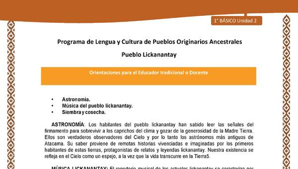 Orientaciones al docente - LC01 - Lickanantay - U2 - Astronomía, Música del pueblo lickanantay y Siembra y cosecha.