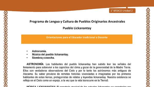 Orientaciones al docente - LC01 - Lickanantay - U2 - Astronomía, Música del pueblo lickanantay y Siembra y cosecha.