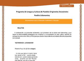 Orientaciones al docente - LC01 - Lickanantay - U2 - Relatos: El Sol o ckapin