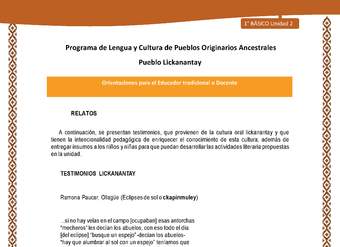 Orientaciones al docente - LC01 - Lickanantay - U2 - Relatos: Eclipses de sol o ckapinmuley