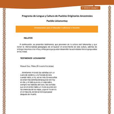 Orientaciones al docente - LC01 - Lickanantay - U2 - Relatos: El río es la Vía Láctea Orientaciones al docente - LC01 - Lickanantay - U2 - Relatos: El río es la Vía Láctea