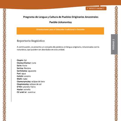 Orientaciones al docente - LC01 - Lickanantay - U2 - Repertorio lingüístico Orientaciones al docente - LC01 - Lickanantay - U2 - Repertorio lingüístico