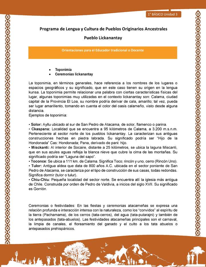 Orientaciones al docente - LC01 - Lickanantay - U3 - Toponimia, Ceremonias lickanantay